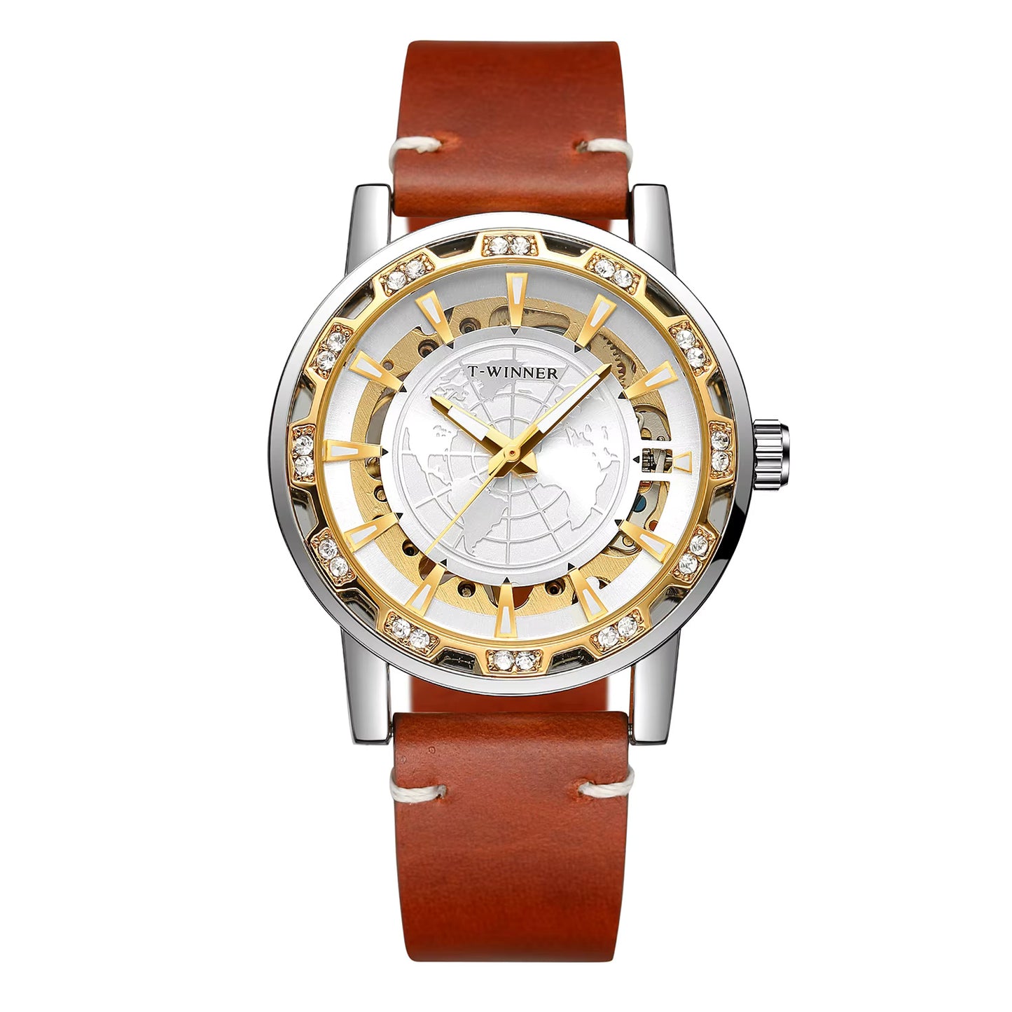 1046 Winner 001C Watches for Men Automatic Mechanical map clock mechanism Hollow out Skeleton Fashion Wind up Male Wristwatch