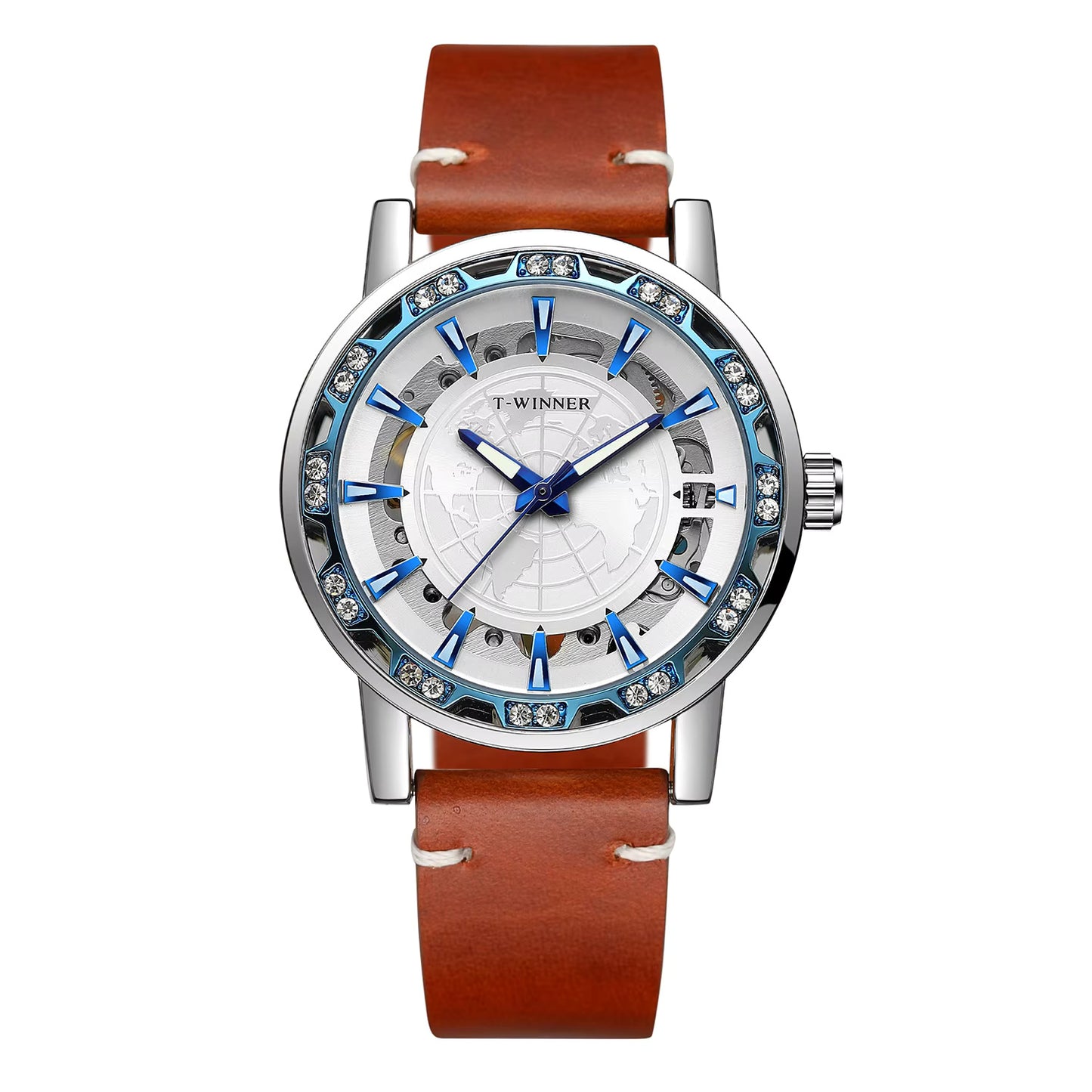 1046 Winner 001C Watches for Men Automatic Mechanical map clock mechanism Hollow out Skeleton Fashion Wind up Male Wristwatch