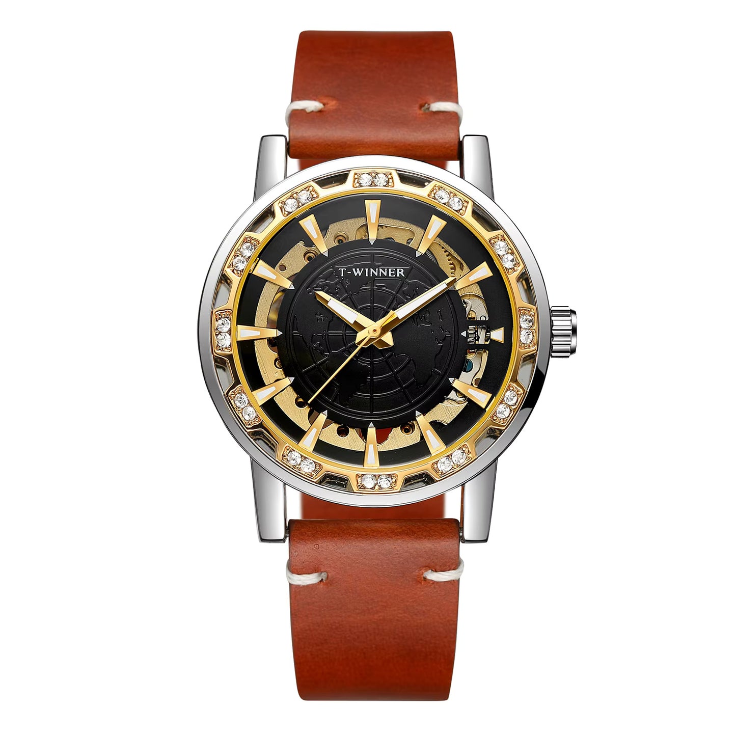 1046 Winner 001C Watches for Men Automatic Mechanical map clock mechanism Hollow out Skeleton Fashion Wind up Male Wristwatch