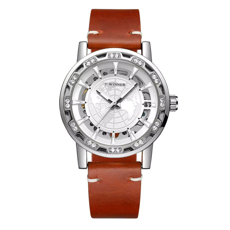 1046 Winner 001C Watches for Men Automatic Mechanical map clock mechanism Hollow out Skeleton Fashion Wind up Male Wristwatch