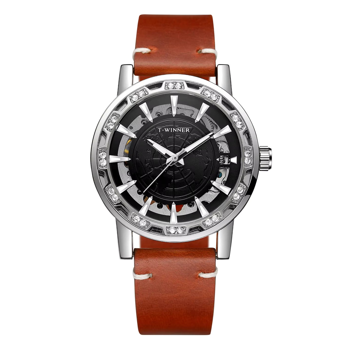 1046 Winner 001C Watches for Men Automatic Mechanical map clock mechanism Hollow out Skeleton Fashion Wind up Male Wristwatch