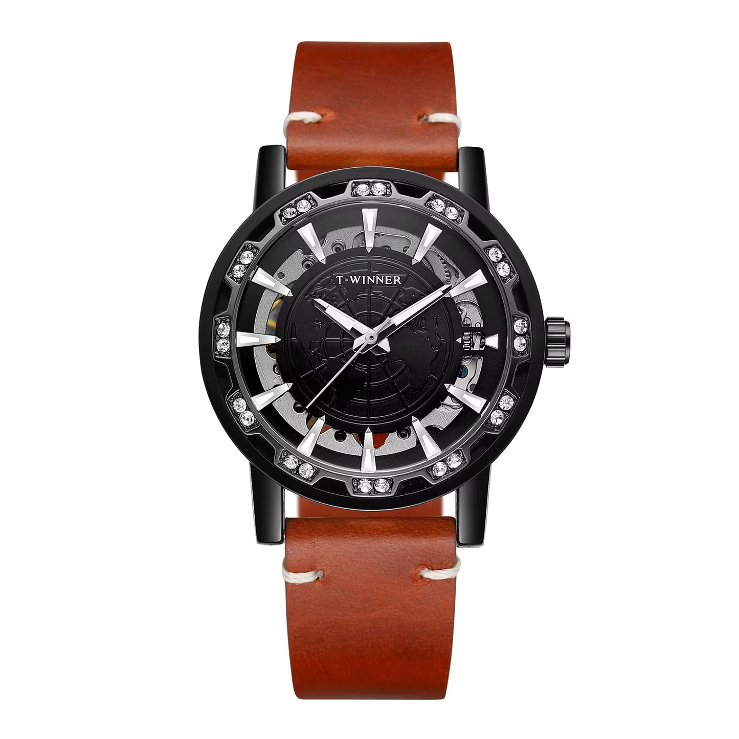 1046 Winner 001C Watches for Men Automatic Mechanical map clock mechanism Hollow out Skeleton Fashion Wind up Male Wristwatch