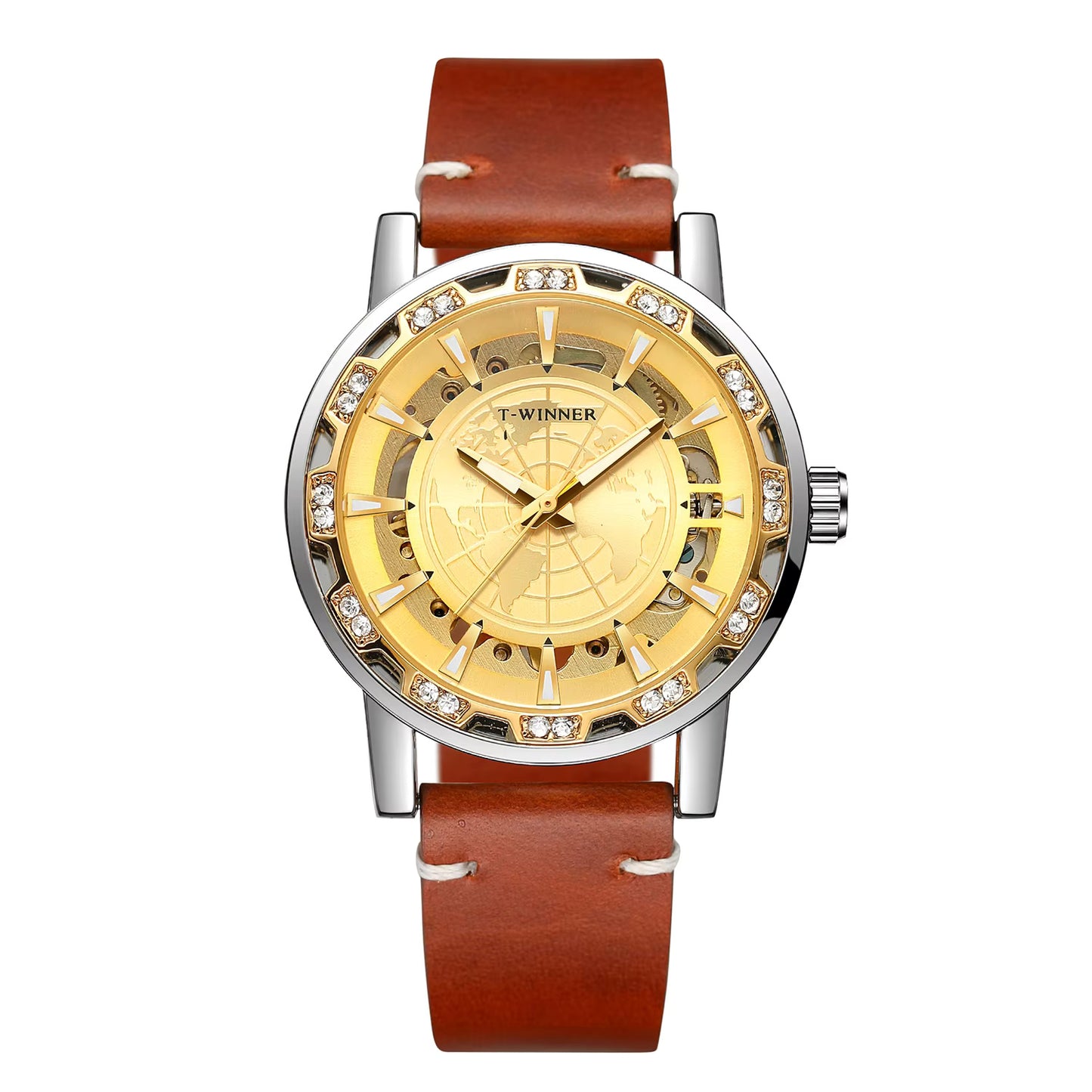 1046 Winner 001C Watches for Men Automatic Mechanical map clock mechanism Hollow out Skeleton Fashion Wind up Male Wristwatch