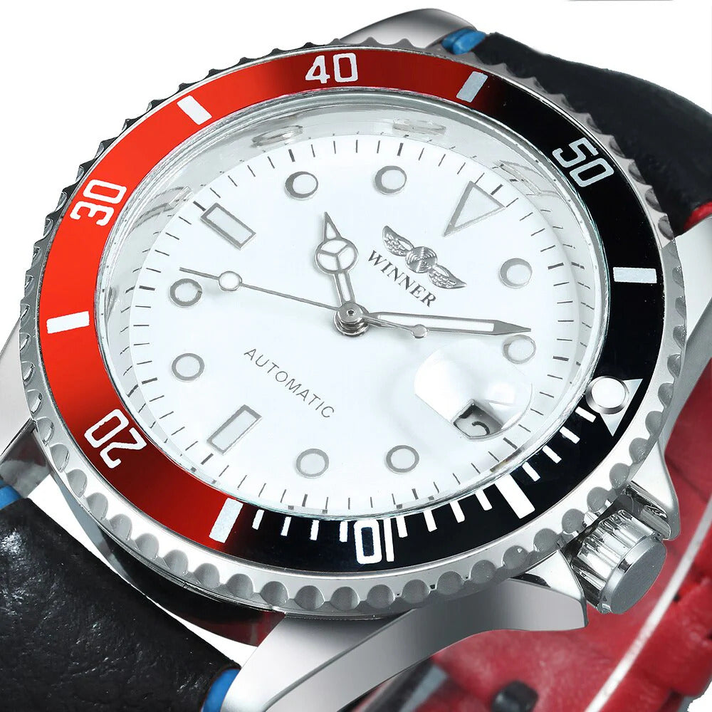 1050 WINNER 002 Men Mechanical Watch Fashion Luxury Style Automatic Date Business Black Leather Strap Wristwatch for Male