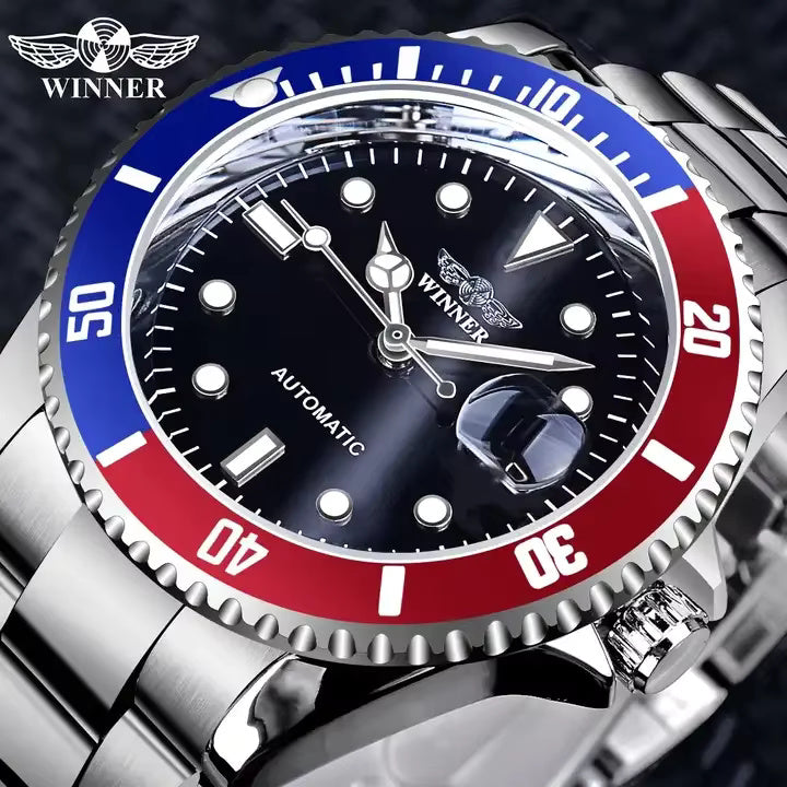 1051 WINNER 002 Men's Automatic Mechanical Watch Waterproof Stainless Steel Strap Wristwatch Calendar Luminous Casual Watches for Men