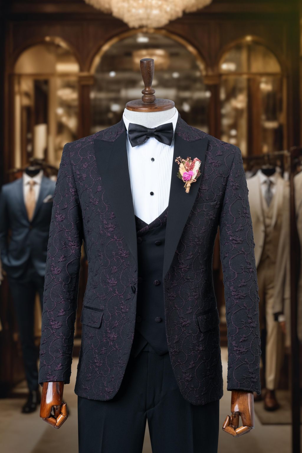 Groom's Suit Italian Cut Slim Fit Claret Red Patterned SD4160