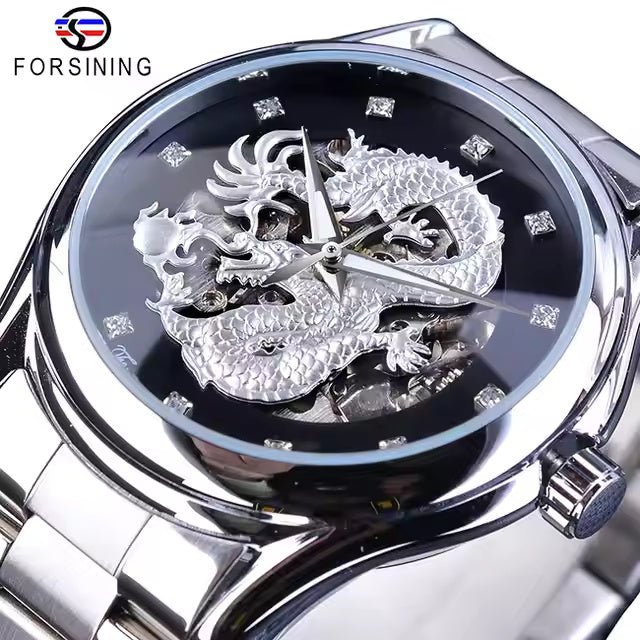 1004 FORSINING A3G Men's Watches Automatic Mechanical Golden Dragon Wristwatch Waterproof Stainless Steel Watch For Man Skeleton