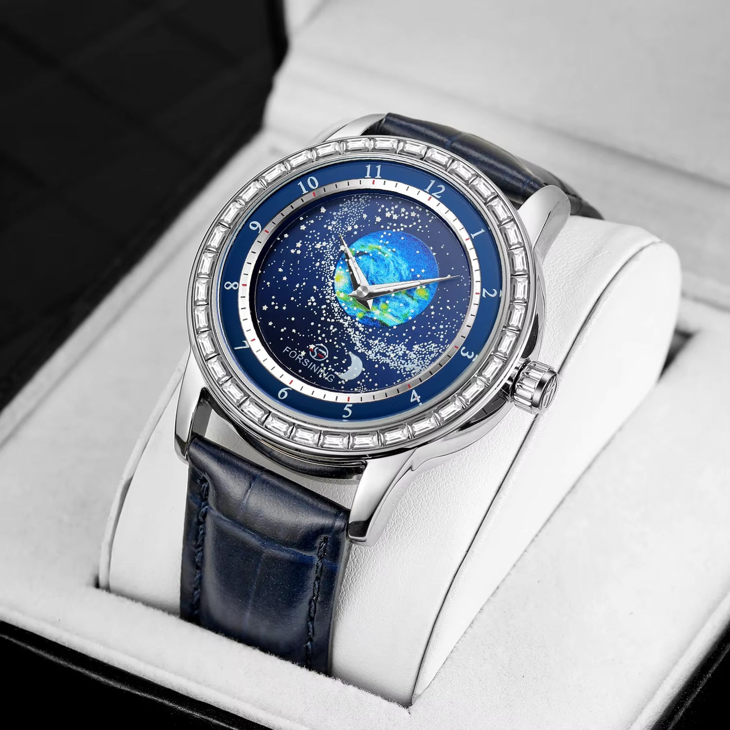 1056 2024 FORSINING Design Earth Star Moon Set With Diamonds Genuine Belt Men Mechanical Automatic Watch Waterproof For Business