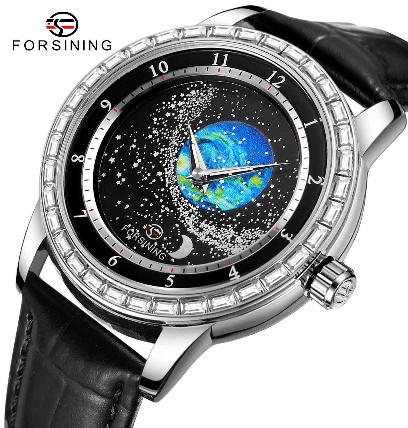 1056 2024 FORSINING Design Earth Star Moon Set With Diamonds Genuine Belt Men Mechanical Automatic Watch Waterproof For Business