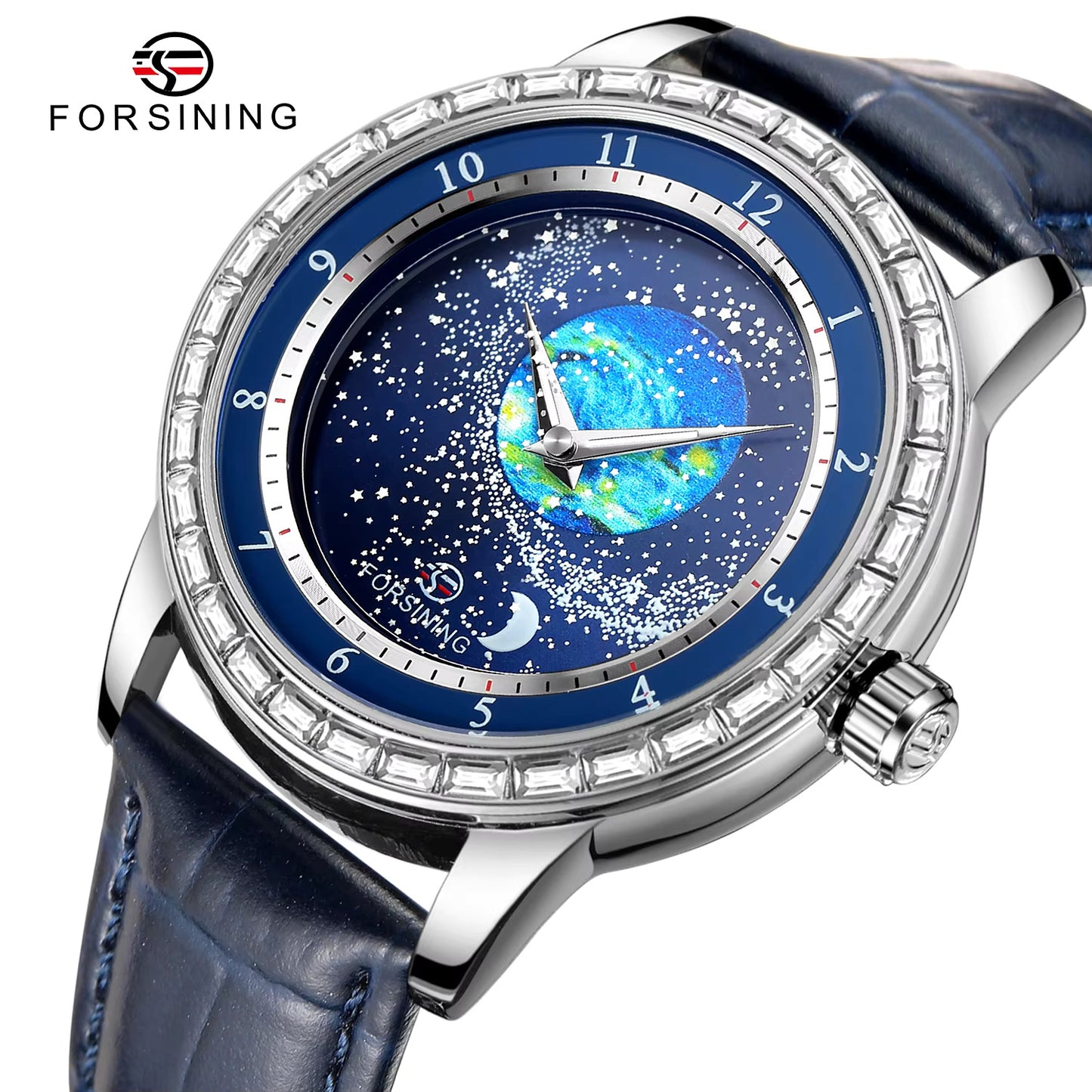 1056 2024 FORSINING Design Earth Star Moon Set With Diamonds Genuine Belt Men Mechanical Automatic Watch Waterproof For Business