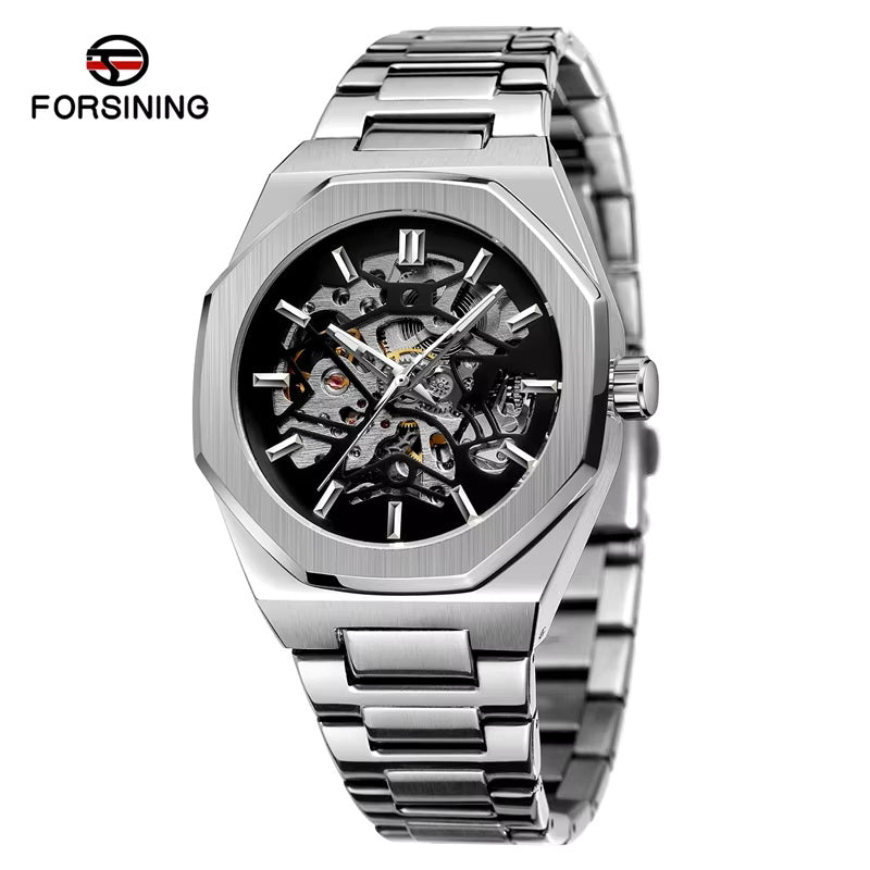 1061 FORSINING 344D Fashion Skeleton Men's Mechanical Watch Automatic Movement Pointer Night Light Steel Watch Advanced Men's Clock