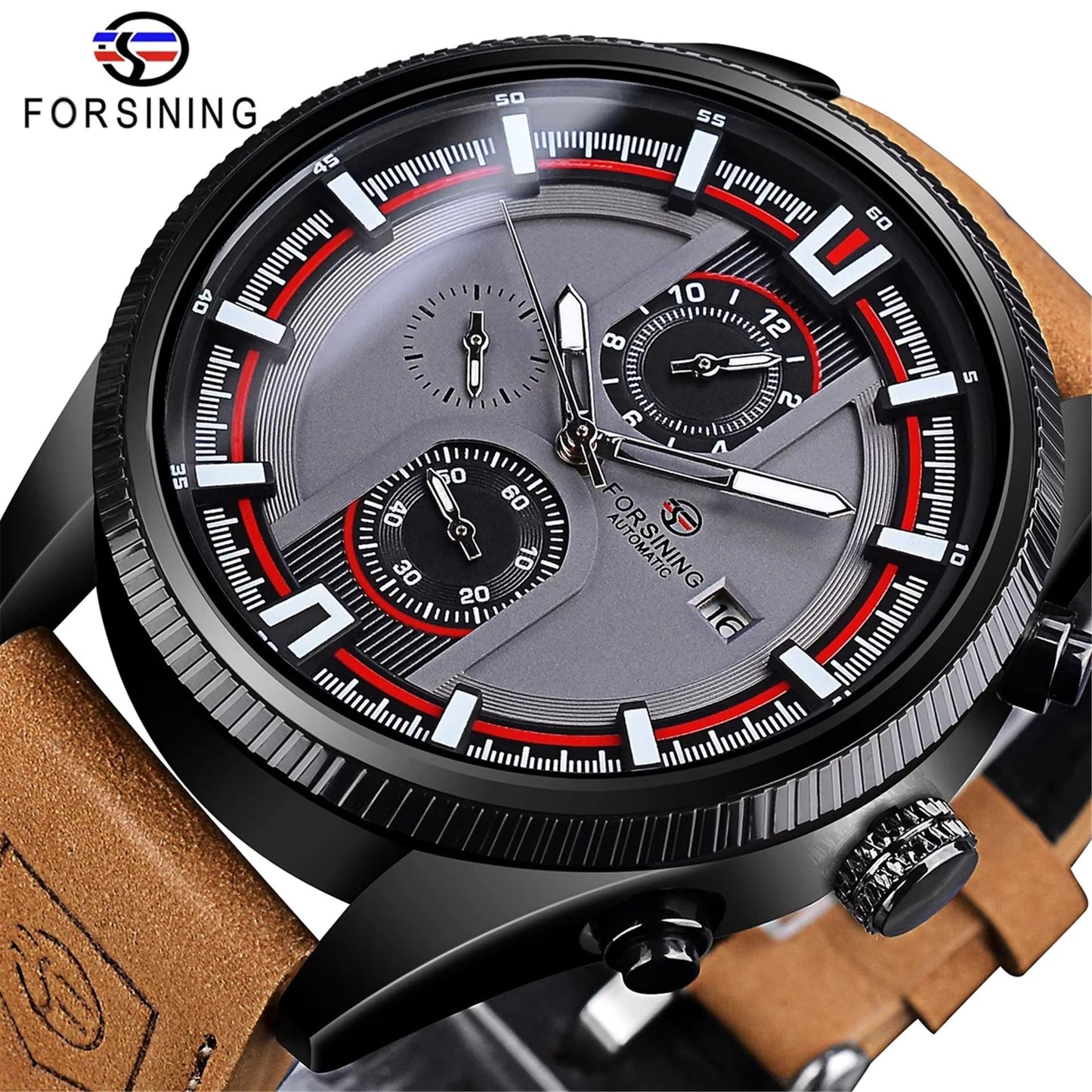 1034 Forsining 382B Retro Fashion Designer Three Dial Decoration Genuine Leather Men Brand Automatic Mechanical Watches best gift
