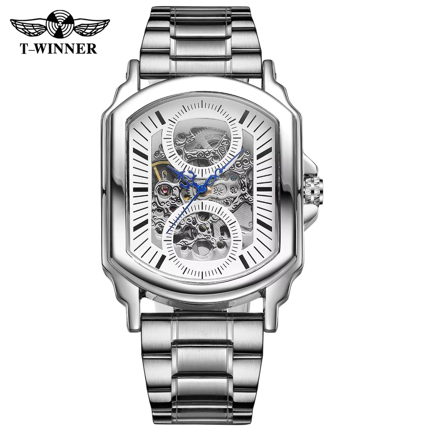 1039 Forsining 385A Silver Skeleton Automatic Mechanical Watch Waterproof Men Wristwatch Stainless Steel Watches Best Gift Clock