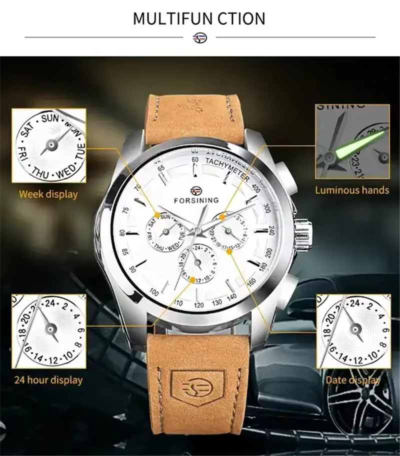 1003 Forsining 625L Retro Fashion Designer Chronograph Decoration Leather Men Brand Automatic Mechanical Watches