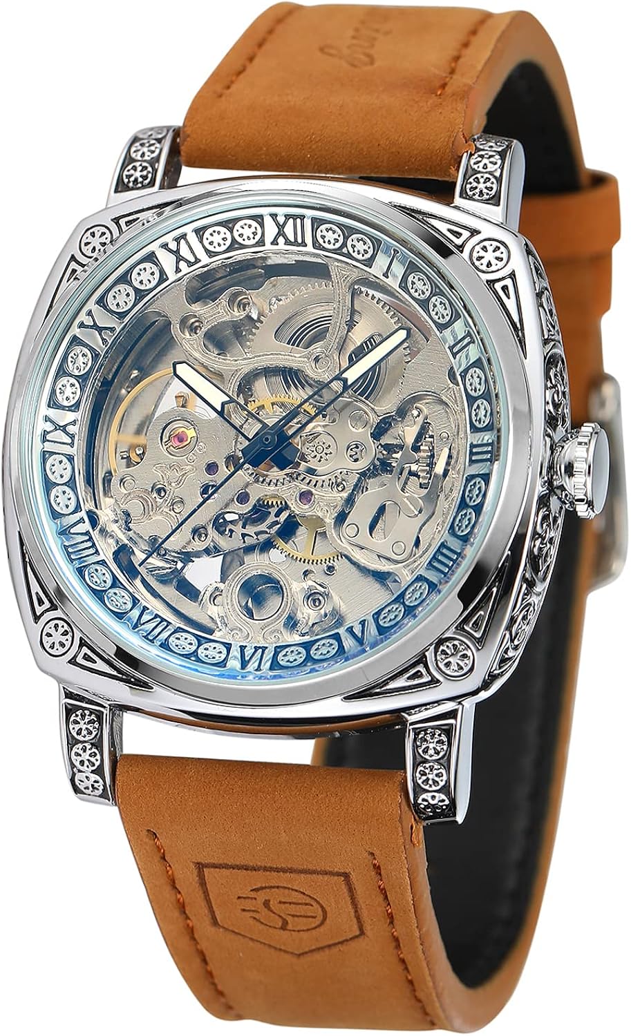 1020 Forsining 403A Watch For Men Skeleton Automatic Mechanical Wrist Watches Brand Luxury 2023 Silver Gold Leather Relogio masculino