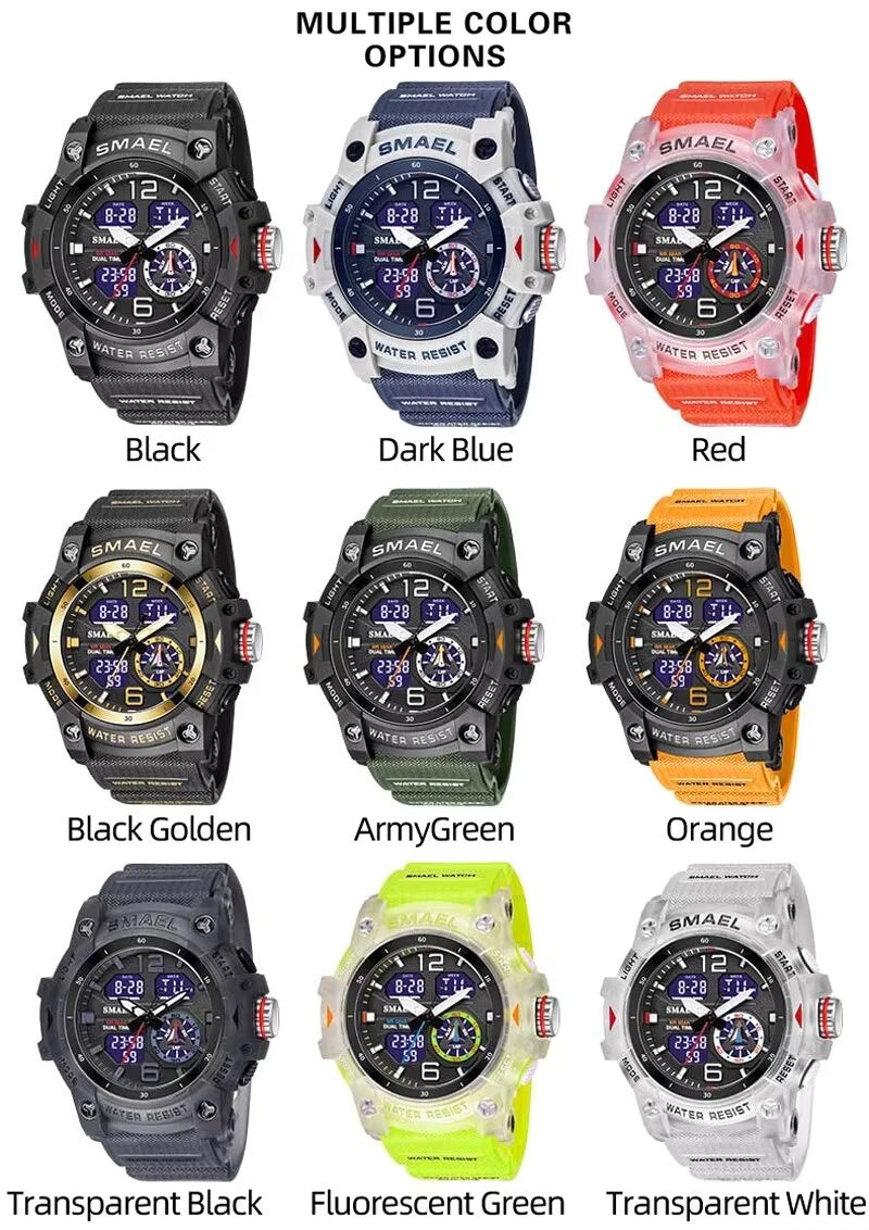 1065 SMAEL 8007 Sport Watch Military Wristwatch for Men Alarm Stopwatch LED Digital Back Light Dual Time Display Waterproof Watch Men