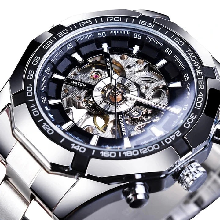 1058 Forsining 2021 Stainless Steel Waterproof Mens Skeleton Watches Top Brand Luxury Transparent Mechanical Sport Male Wrist Watches