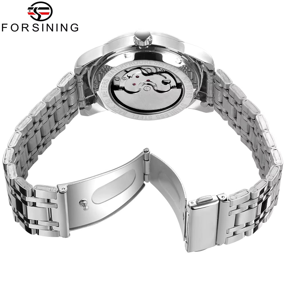 1057 Forsining Men's Fashion Luxury Business Metal Strap Tourbillon Luminous Automatic Mechanical Watch Artificial Diamond Wristwatch