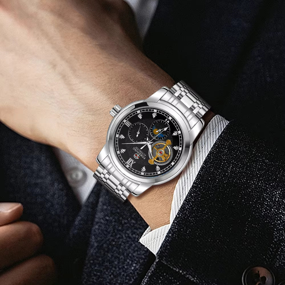 1057 Forsining Men's Fashion Luxury Business Metal Strap Tourbillon Luminous Automatic Mechanical Watch Artificial Diamond Wristwatch