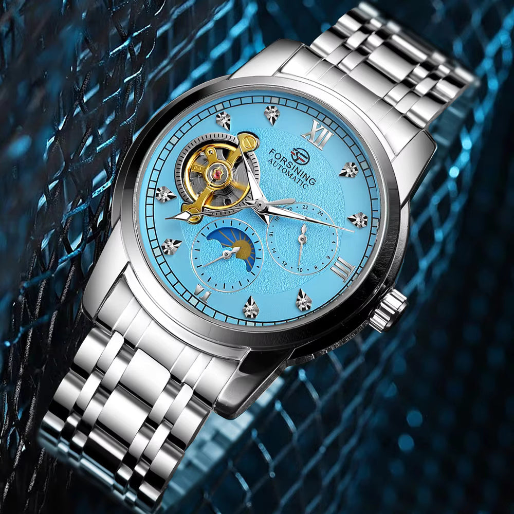 1057 Forsining Men's Fashion Luxury Business Metal Strap Tourbillon Luminous Automatic Mechanical Watch Artificial Diamond Wristwatch