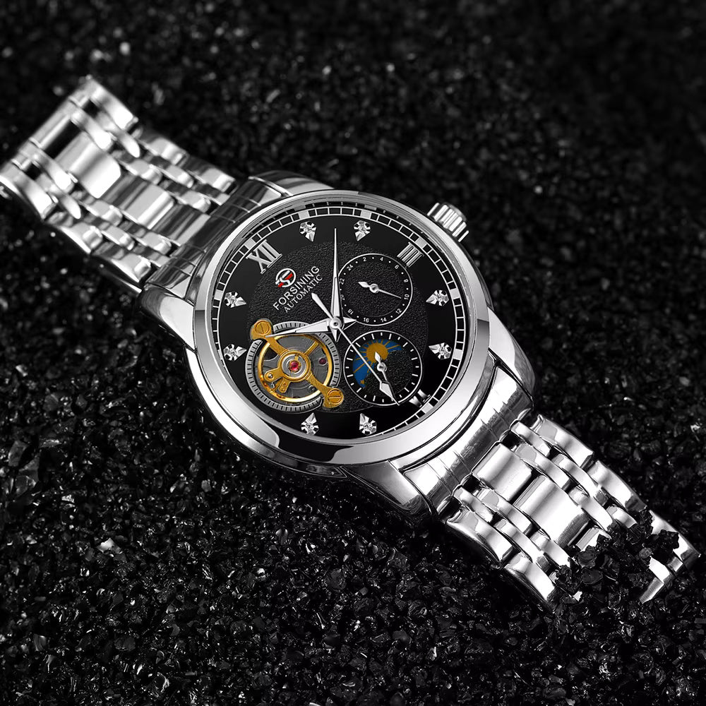 1057 Forsining Men's Fashion Luxury Business Metal Strap Tourbillon Luminous Automatic Mechanical Watch Artificial Diamond Wristwatch