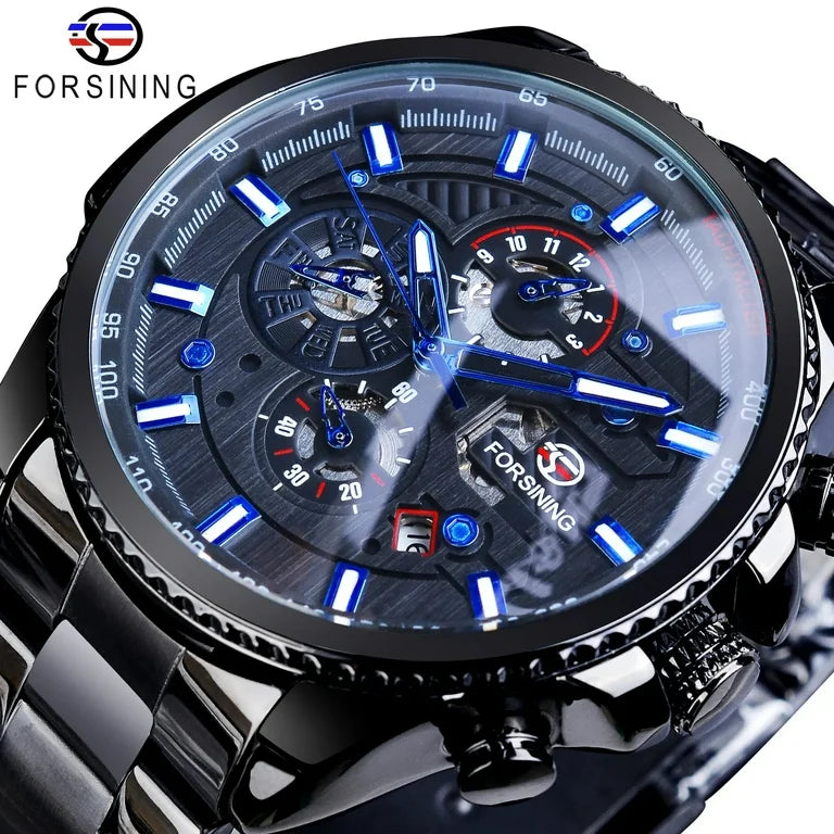 1054 Forsining Three Dial Calendar Stainless Steel Men Mechanical Automatic Wrist Watches Top Brand Luxury Military Sport Male Clock