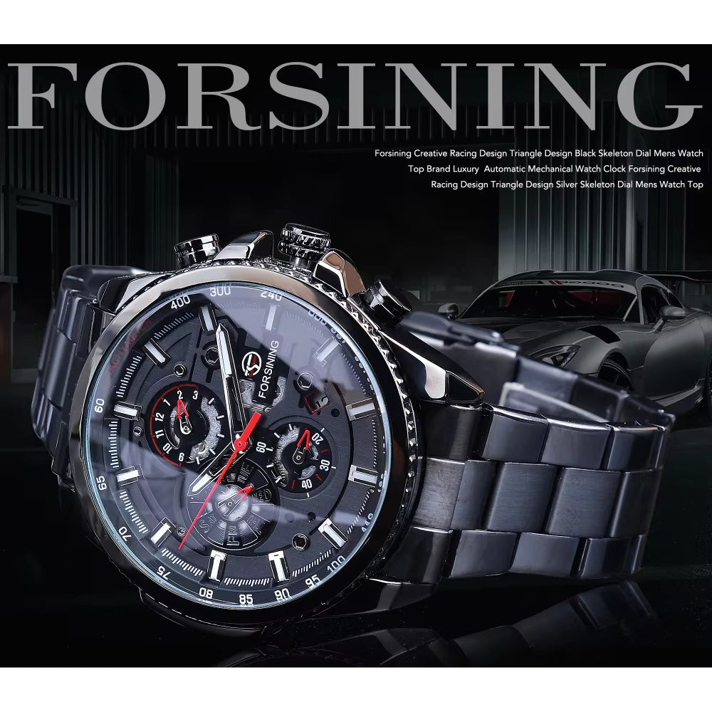 1054 Forsining Three Dial Calendar Stainless Steel Men Mechanical Automatic Wrist Watches Top Brand Luxury Military Sport Male Clock