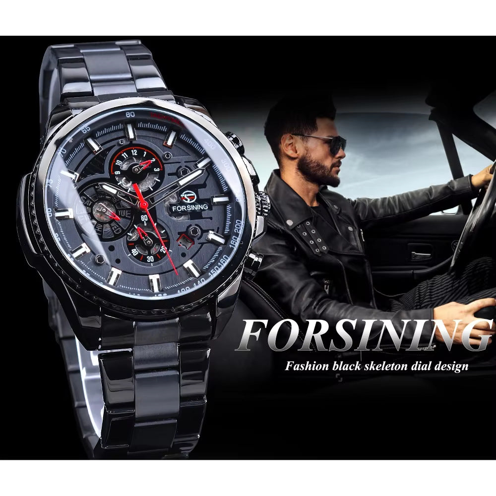 1054 Forsining Three Dial Calendar Stainless Steel Men Mechanical Automatic Wrist Watches Top Brand Luxury Military Sport Male Clock