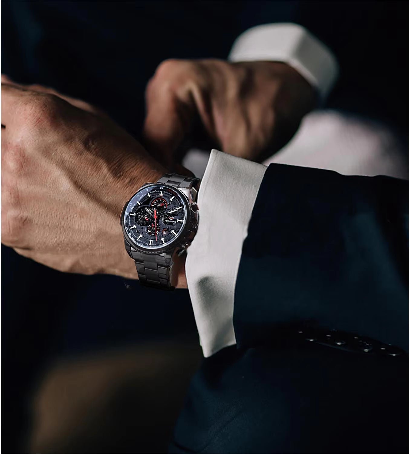 1054 Forsining Three Dial Calendar Stainless Steel Men Mechanical Automatic Wrist Watches Top Brand Luxury Military Sport Male Clock