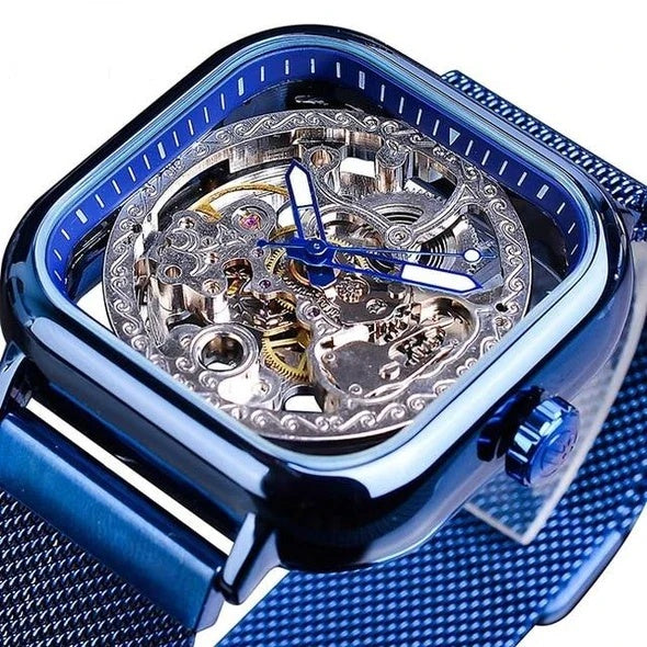 1055 Forsining Men Mechanical Watches Automatic Self-Wind Golden Transparent Fashion Mesh Steel Wristwatch Skeleton Man Male Hot Hour