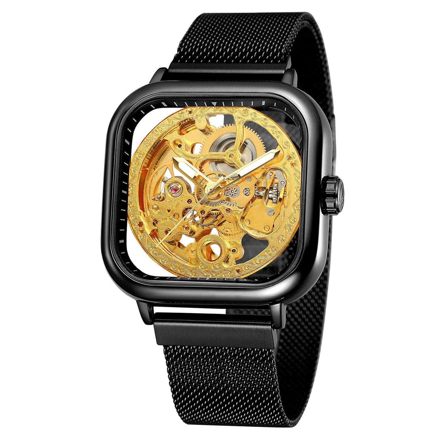 1055 Forsining Men Mechanical Watches Automatic Self-Wind Golden Transparent Fashion Mesh Steel Wristwatch Skeleton Man Male Hot Hour