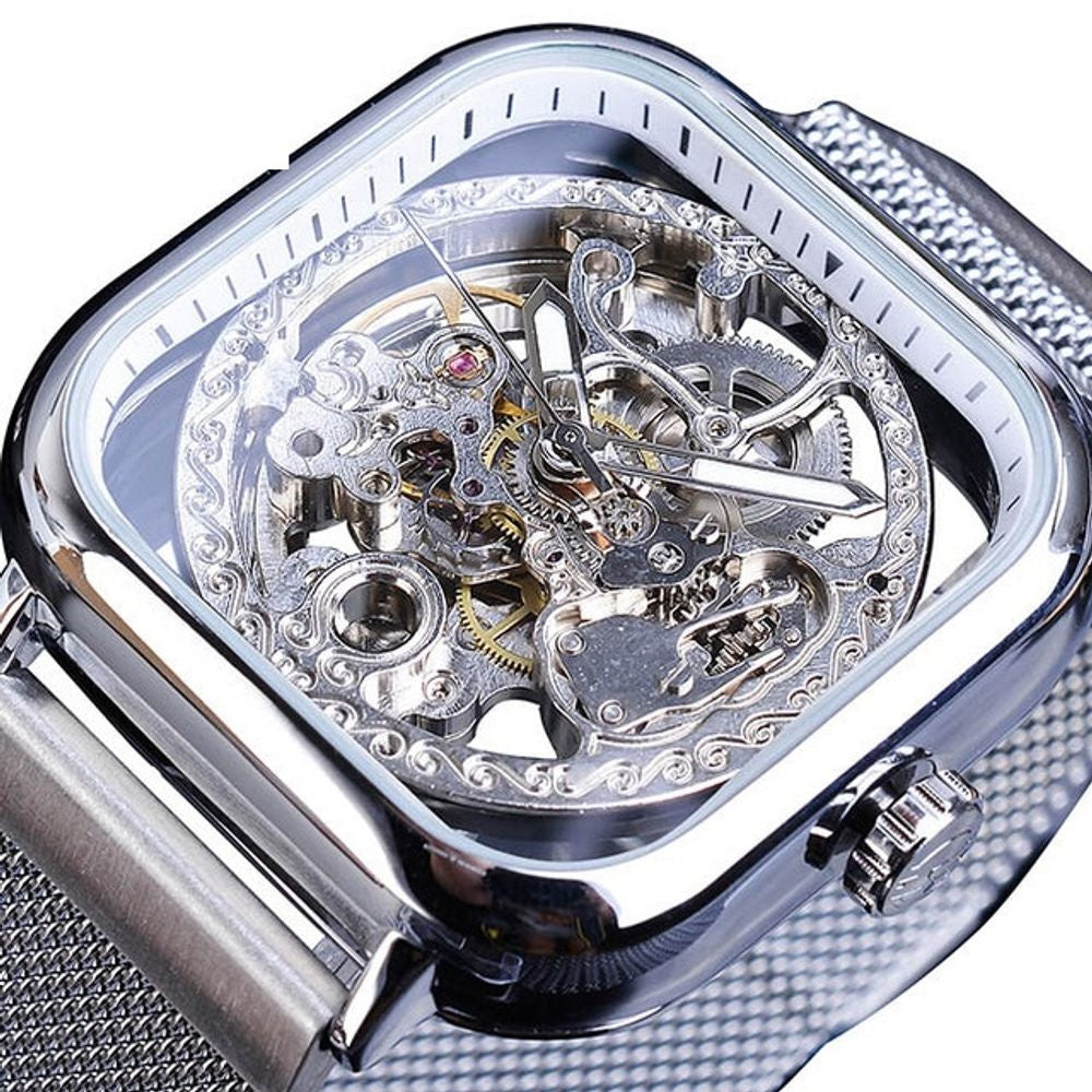 1055 Forsining Men Mechanical Watches Automatic Self-Wind Golden Transparent Fashion Mesh Steel Wristwatch Skeleton Man Male Hot Hour
