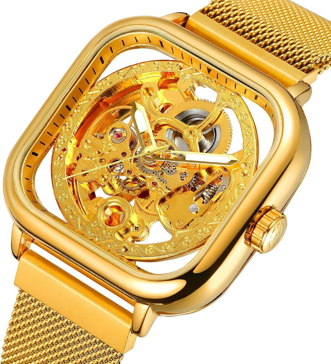 1055 Forsining Men Mechanical Watches Automatic Self-Wind Golden Transparent Fashion Mesh Steel Wristwatch Skeleton Man Male Hot Hour