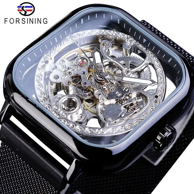 1055 Forsining Men Mechanical Watches Automatic Self-Wind Golden Transparent Fashion Mesh Steel Wristwatch Skeleton Man Male Hot Hour