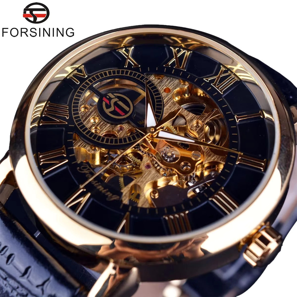 1053 Forsining 3d Logo Design Hollow Engraving Black Golden Case Leather Skeleton Mechanical Watches Men Luxury Brand Heren Horloge
