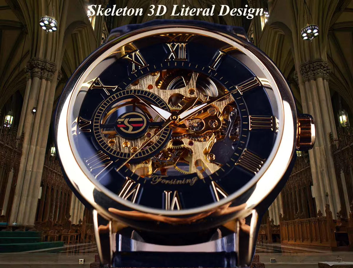 1053 Forsining 3d Logo Design Hollow Engraving Black Golden Case Leather Skeleton Mechanical Watches Men Luxury Brand Heren Horloge
