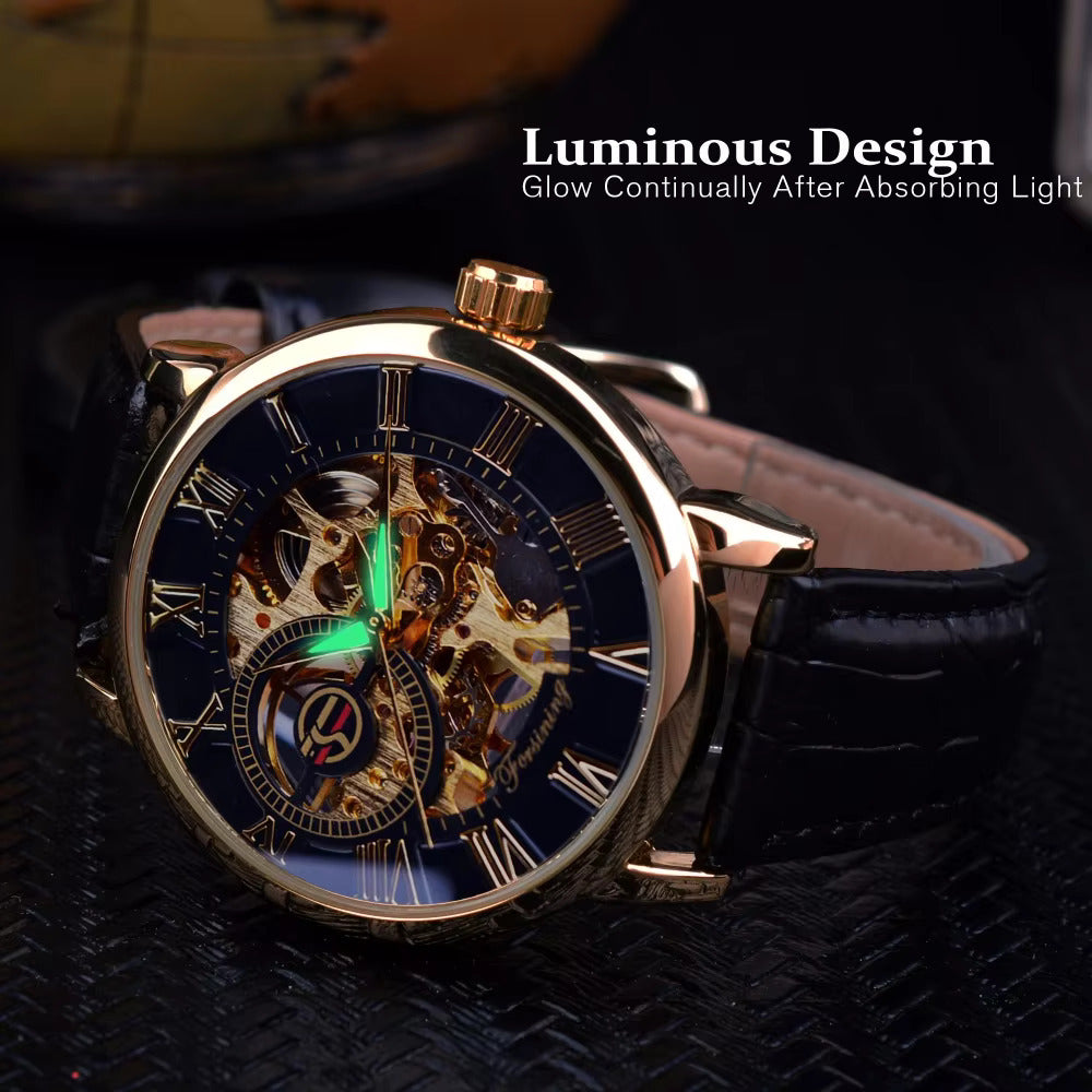 1053 Forsining 3d Logo Design Hollow Engraving Black Golden Case Leather Skeleton Mechanical Watches Men Luxury Brand Heren Horloge