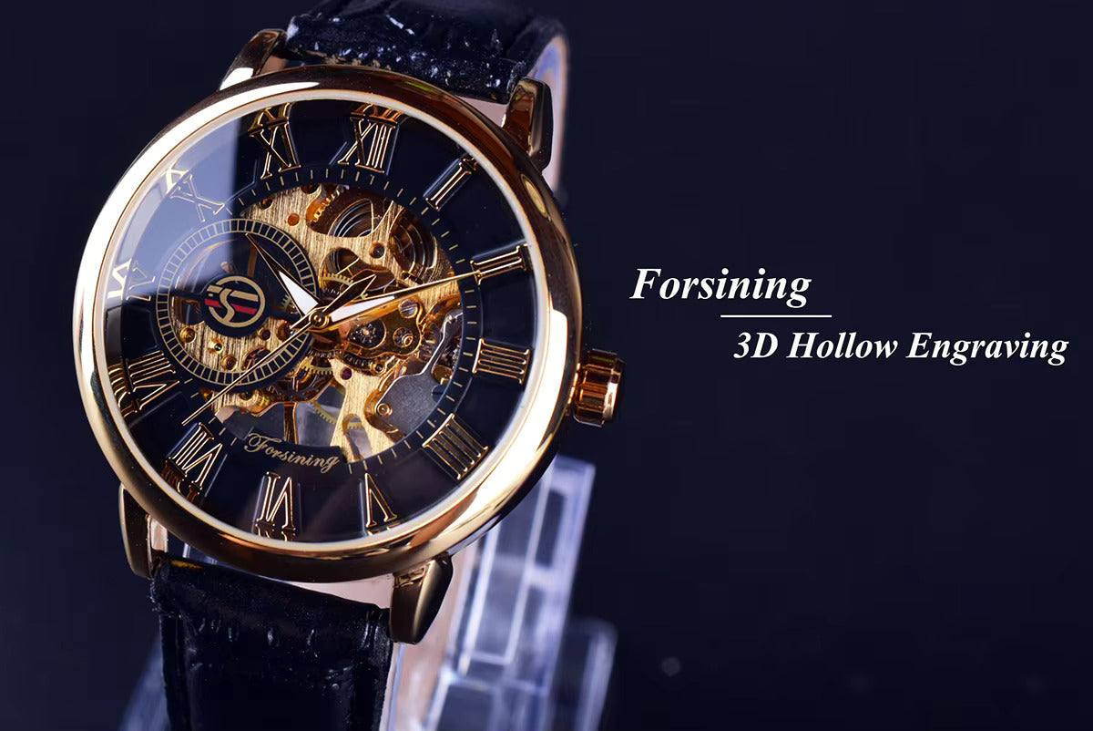 1053 Forsining 3d Logo Design Hollow Engraving Black Golden Case Leather Skeleton Mechanical Watches Men Luxury Brand Heren Horloge