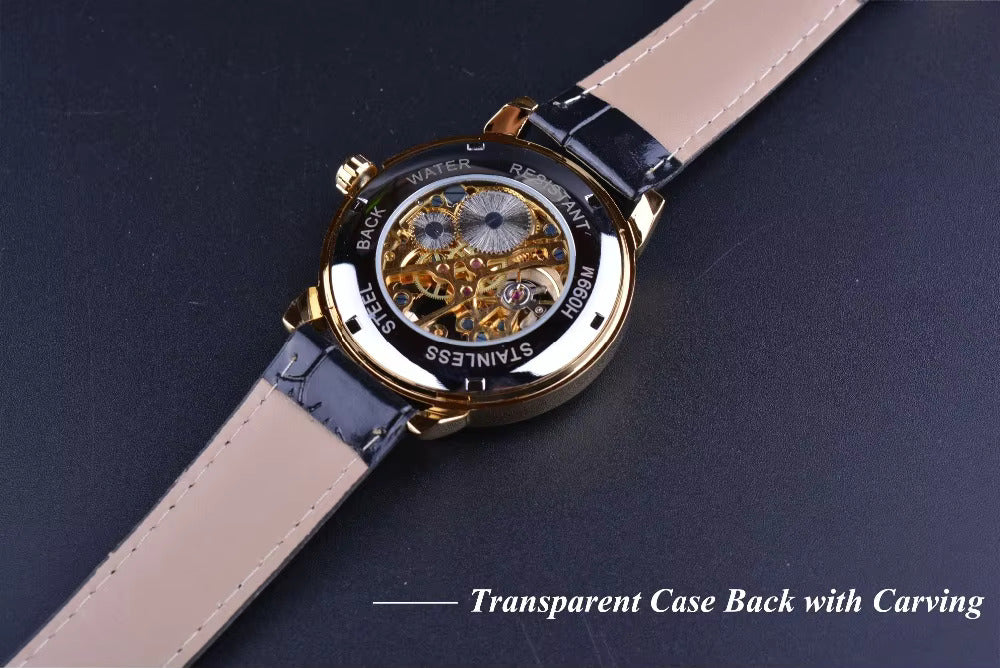 1053 Forsining 3d Logo Design Hollow Engraving Black Golden Case Leather Skeleton Mechanical Watches Men Luxury Brand Heren Horloge