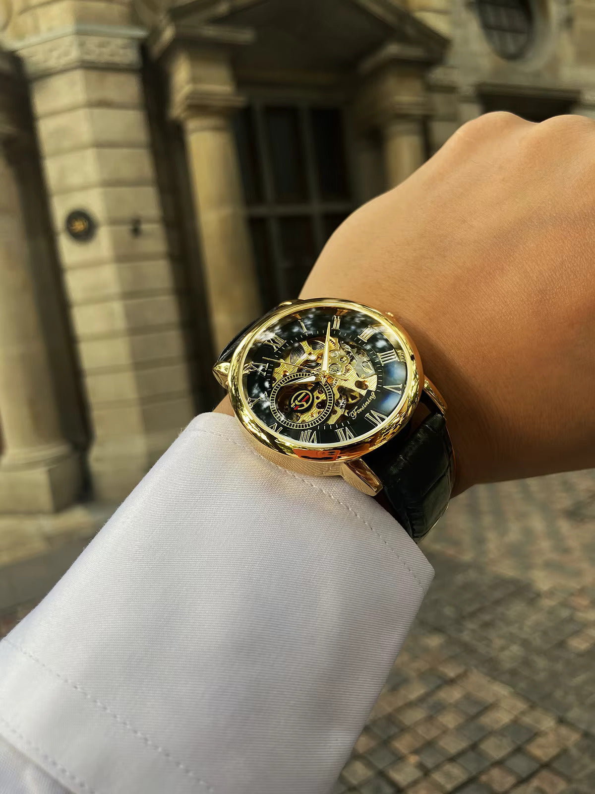 1053 Forsining 3d Logo Design Hollow Engraving Black Golden Case Leather Skeleton Mechanical Watches Men Luxury Brand Heren Horloge
