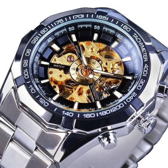 1058 Forsining 2021 Stainless Steel Waterproof Mens Skeleton Watches Top Brand Luxury Transparent Mechanical Sport Male Wrist Watches