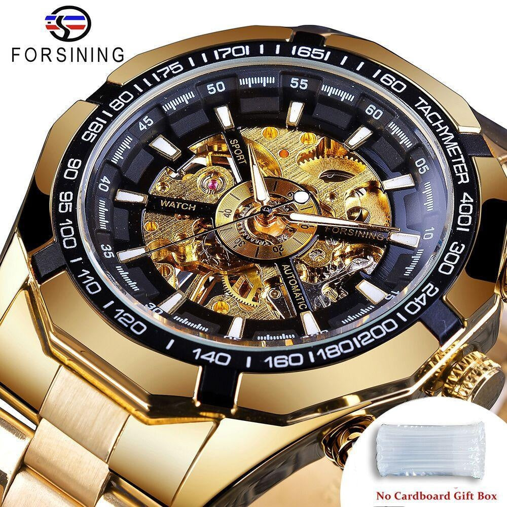 1058 Forsining 2021 Stainless Steel Waterproof Mens Skeleton Watches Top Brand Luxury Transparent Mechanical Sport Male Wrist Watches