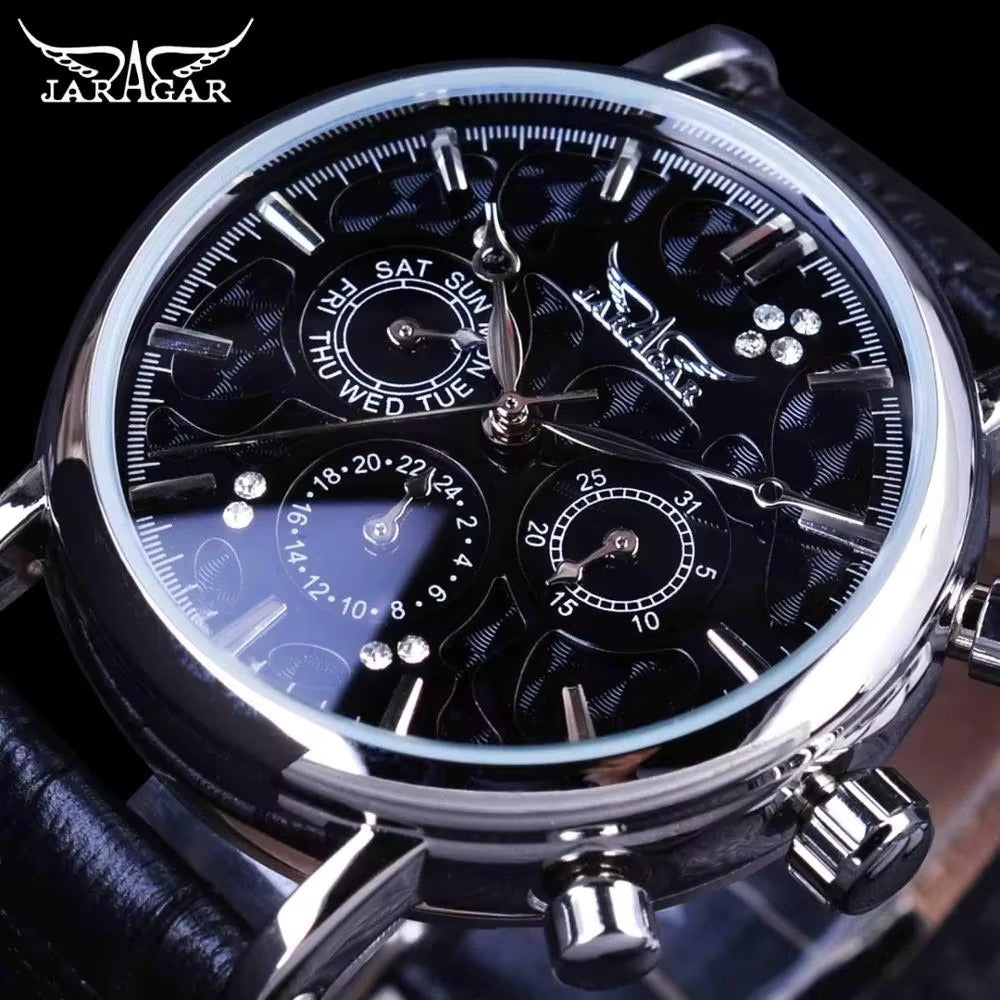 1009 JARAGAR 348 Men Automatic Mechanical Watches Fashion Elegant Genuine Leather Strap Luxury Business Clock Male Wrist Watch