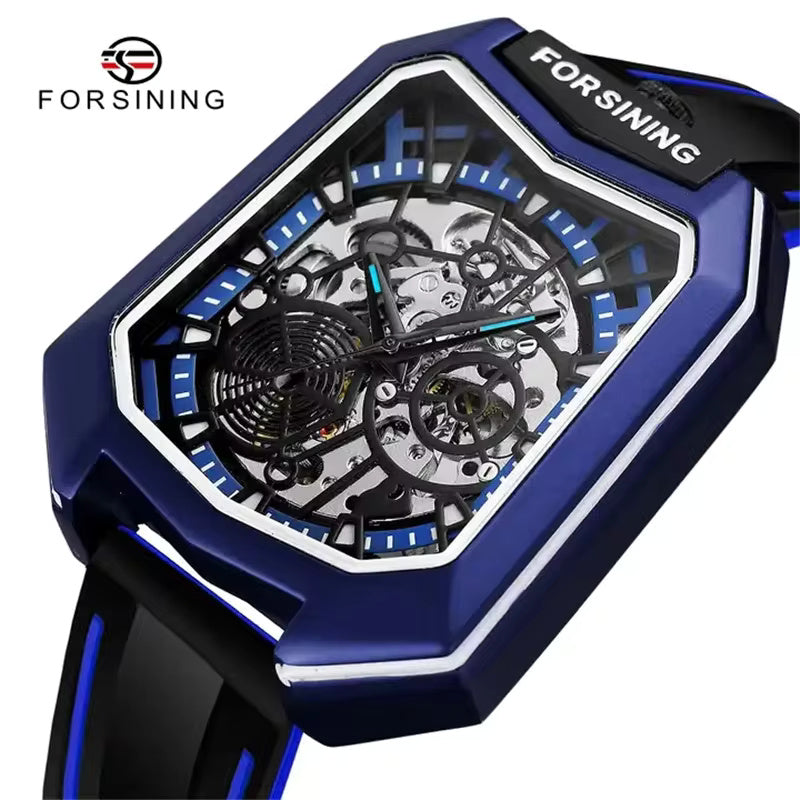 1049 Forsining 445A Men Watches Luxury Trend Blue Clock Waterproof Fancy Clock Mechanism Silicone Automatic Watch