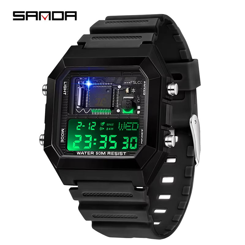 1067 SANDA 6216 Fashion Electronic Watches for Men Alarm Clock Students Square Dial Multifunction Waterproof Calendar Sports Watch