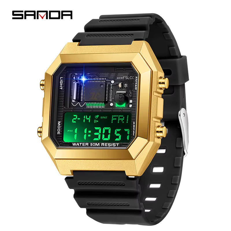 1067 SANDA 6216 Fashion Electronic Watches for Men Alarm Clock Students Square Dial Multifunction Waterproof Calendar Sports Watch