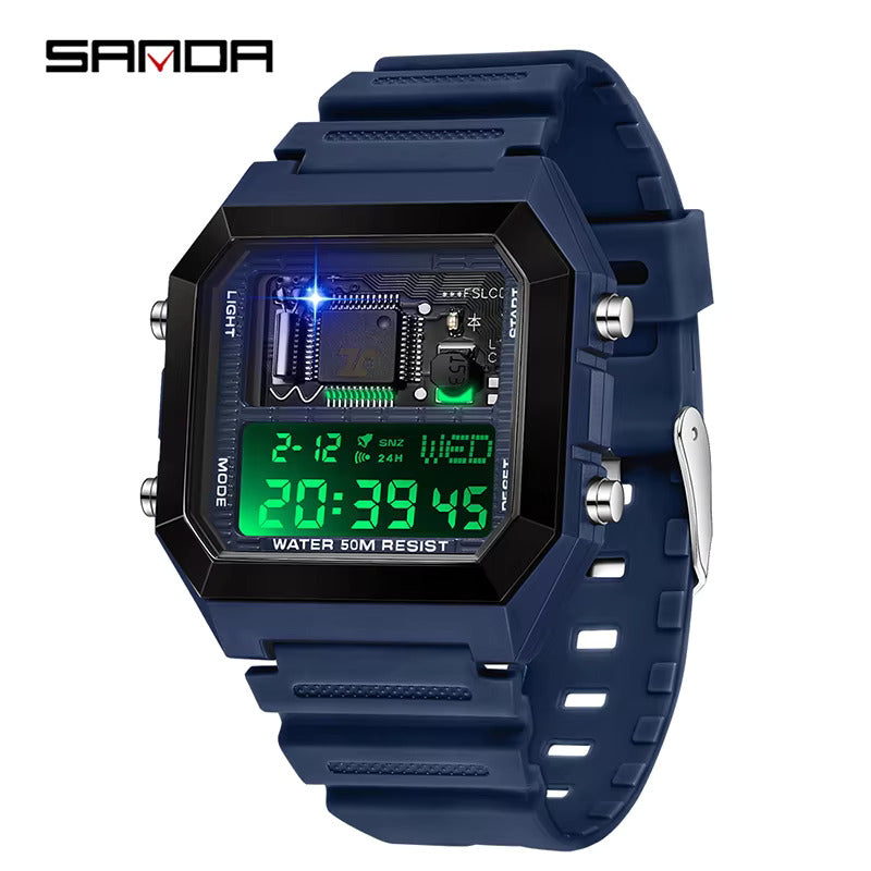 1067 SANDA 6216 Fashion Electronic Watches for Men Alarm Clock Students Square Dial Multifunction Waterproof Calendar Sports Watch