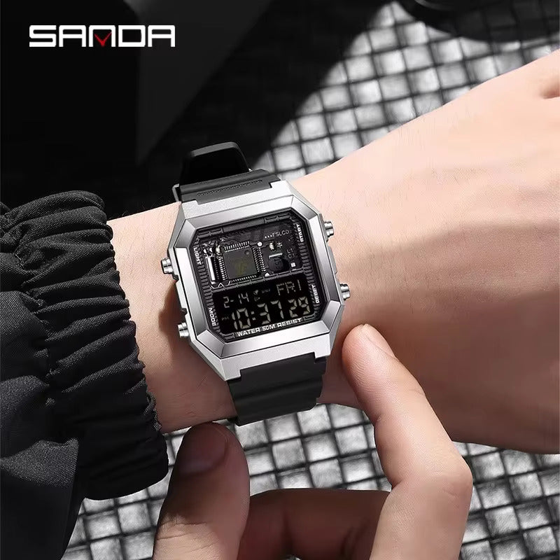 1067 SANDA 6216 Fashion Electronic Watches for Men Alarm Clock Students Square Dial Multifunction Waterproof Calendar Sports Watch
