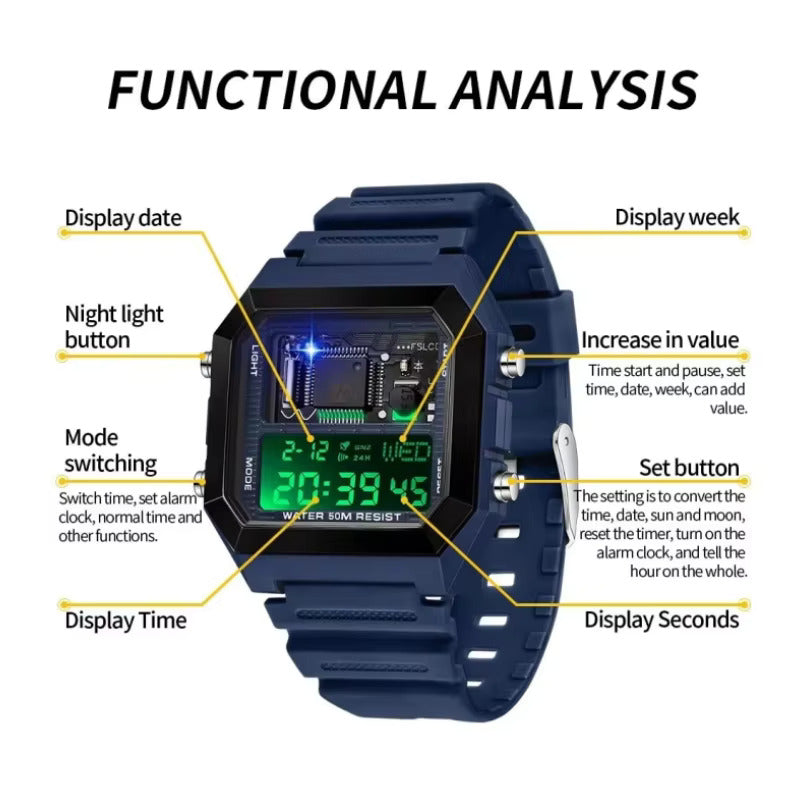 1067 SANDA 6216 Fashion Electronic Watches for Men Alarm Clock Students Square Dial Multifunction Waterproof Calendar Sports Watch