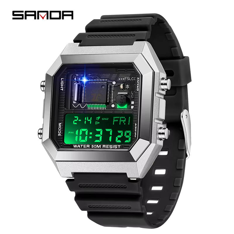 1067 SANDA 6216 Fashion Electronic Watches for Men Alarm Clock Students Square Dial Multifunction Waterproof Calendar Sports Watch